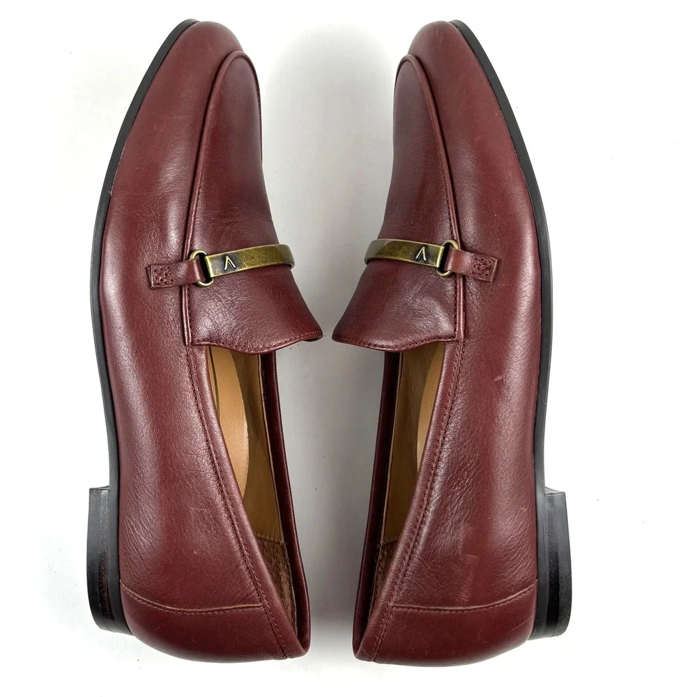 Vionic Evie Leather Loafers Women 5 Burgundy Metal Bar Slip On Shoes Preppy